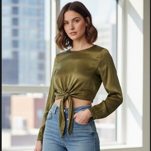 NWT Zara satin long sleeve tie back crop top olive green